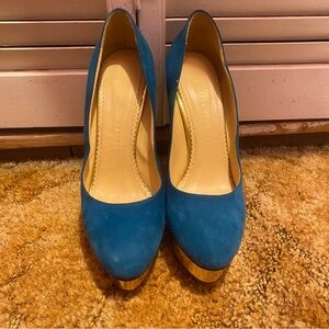 Charlotte Olympia Teal Suede Platform Pumps with Gold Accent